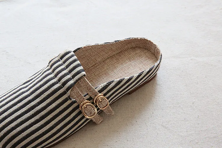 Women Retro Stripe Canvas Flat Casual Mules